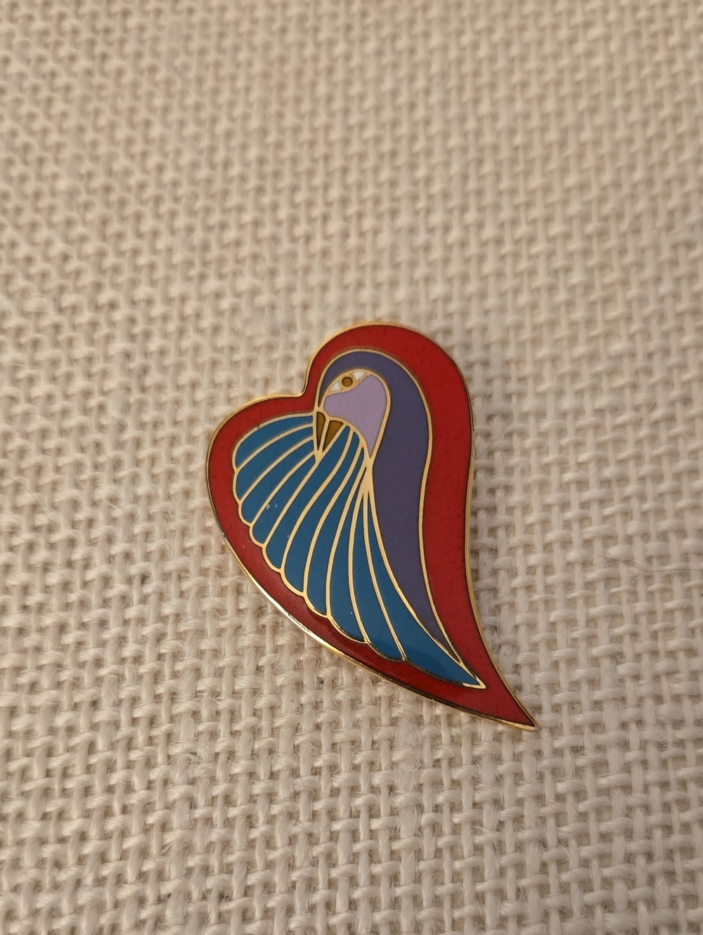 Laurel Burch Enamel Dove Heart-Shaped Gold Pin Brooch Red, Blue, Purple